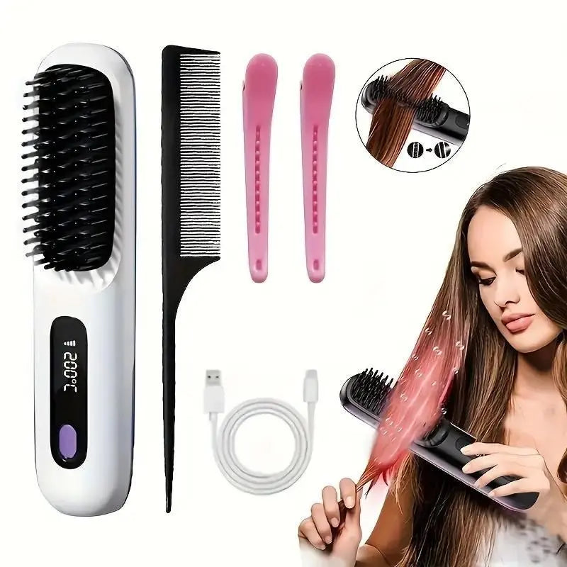 Revolutionary 2-in-1 Straightening Hair Comb - Portable, Wireless, and USB Rechargeable for Effortless Styling Anywhere!