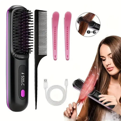Revolutionary 2-in-1 Straightening Hair Comb - Portable, Wireless, and USB Rechargeable for Effortless Styling Anywhere!