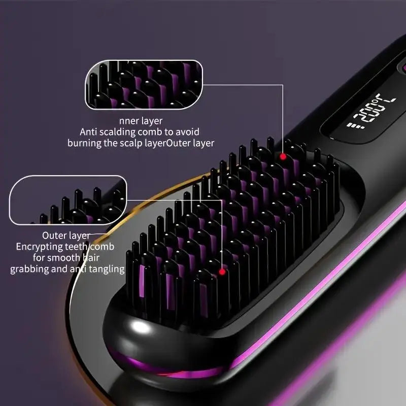 Revolutionary 2-in-1 Straightening Hair Comb - Portable, Wireless, and USB Rechargeable for Effortless Styling Anywhere!