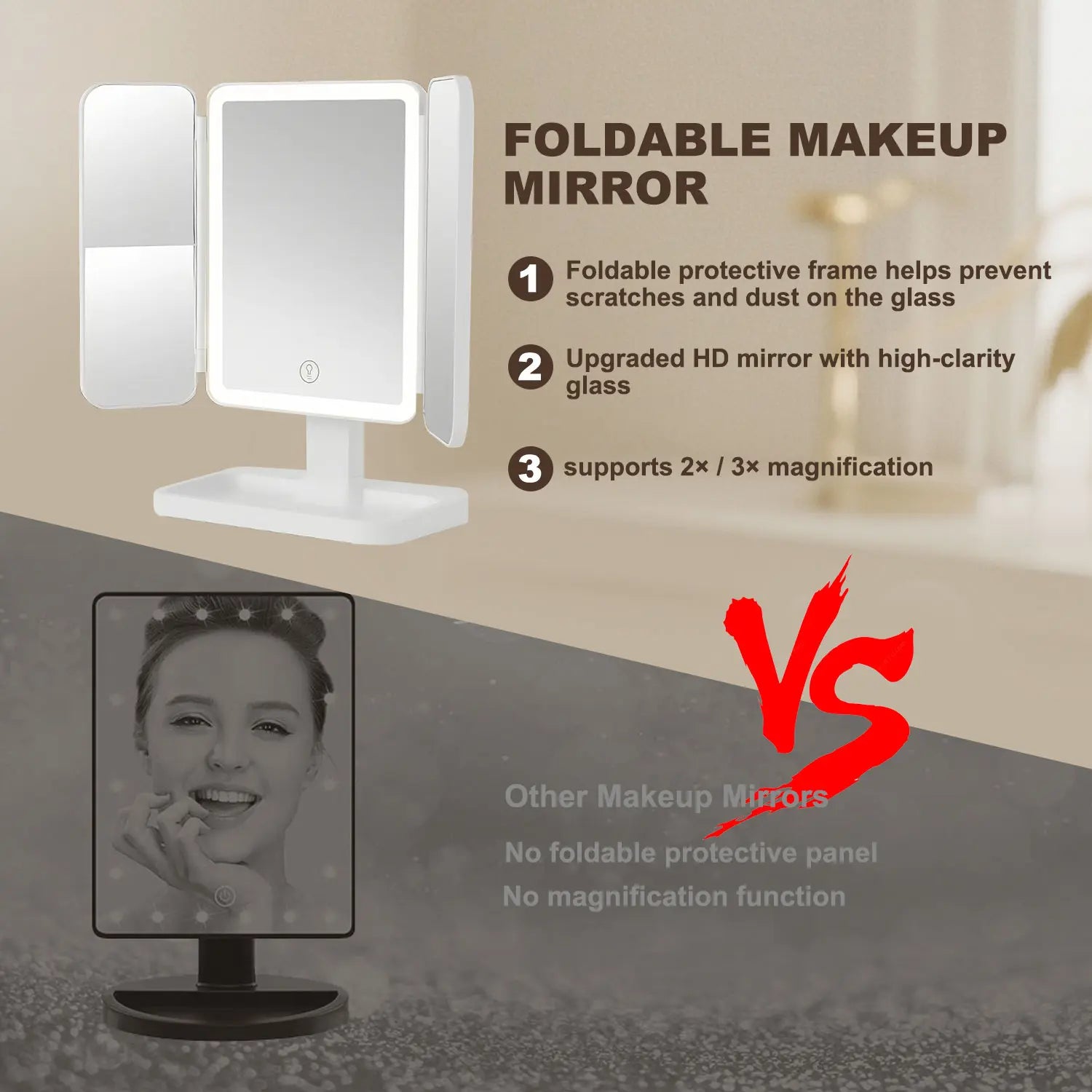 Elevate Your Beauty Routine with the Summervibes Foldable LED Makeup Mirror – 3 Light Modes, 2X/3X Magnification, Touch Dimmable, and 360° Rotation – Perfect Travel Companion and Exquisite Gift for Moms and Girlfriends