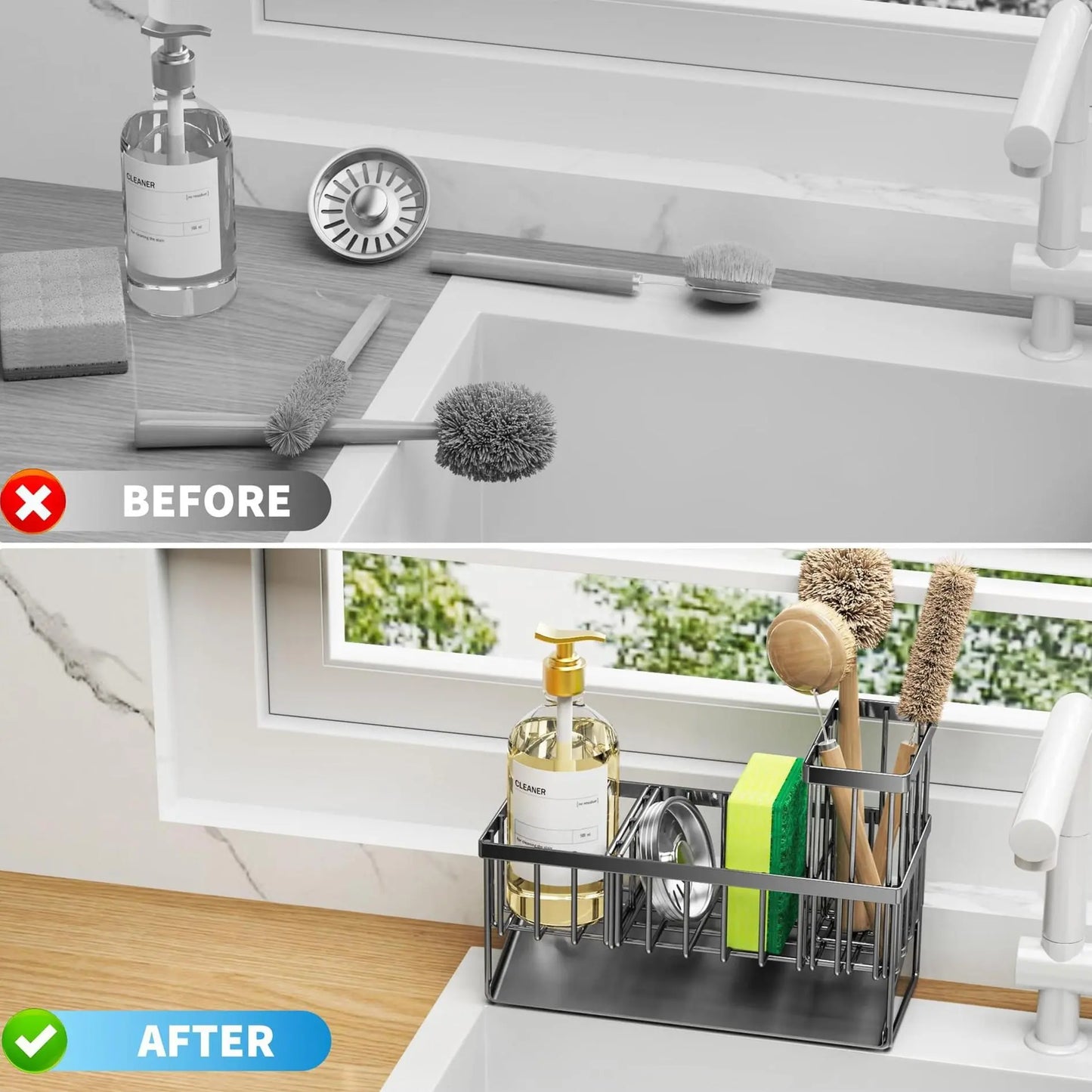 Elevate Your Kitchen Organization with Our Durable Kitchen Sink Rack - Complete Set with Sponge Holder and Brush!