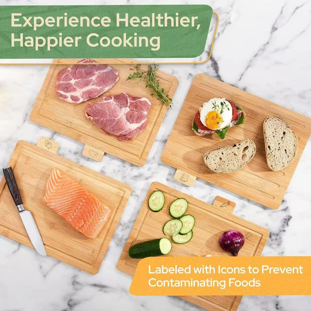 Elevate Your Culinary Experience with Our 4-Piece Bamboo Cutting Board Set – Perfect for Meat, Fruits, Vegetables & Cheese!