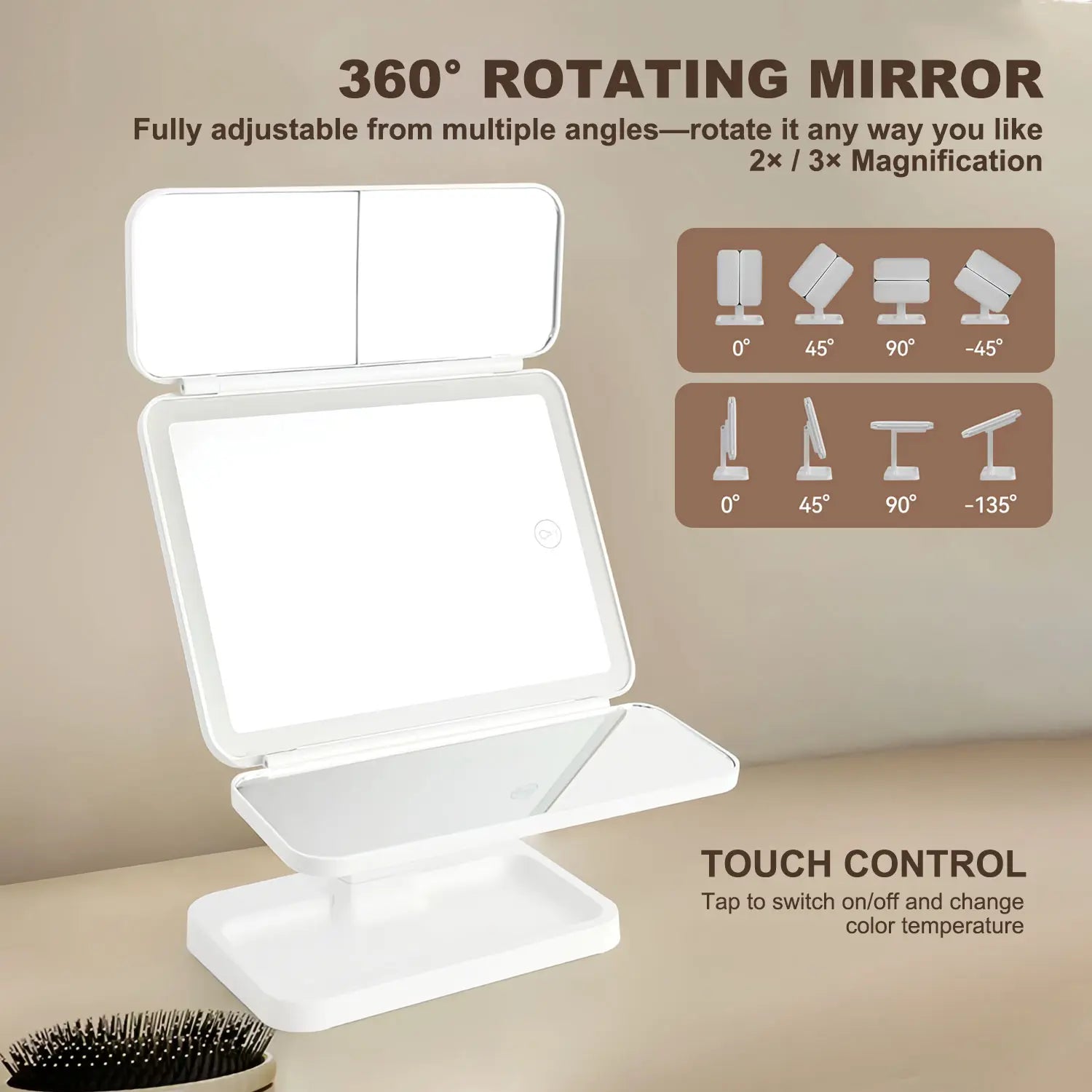 Elevate Your Beauty Routine with the Summervibes Foldable LED Makeup Mirror – 3 Light Modes, 2X/3X Magnification, Touch Dimmable, and 360° Rotation – Perfect Travel Companion and Exquisite Gift for Moms and Girlfriends