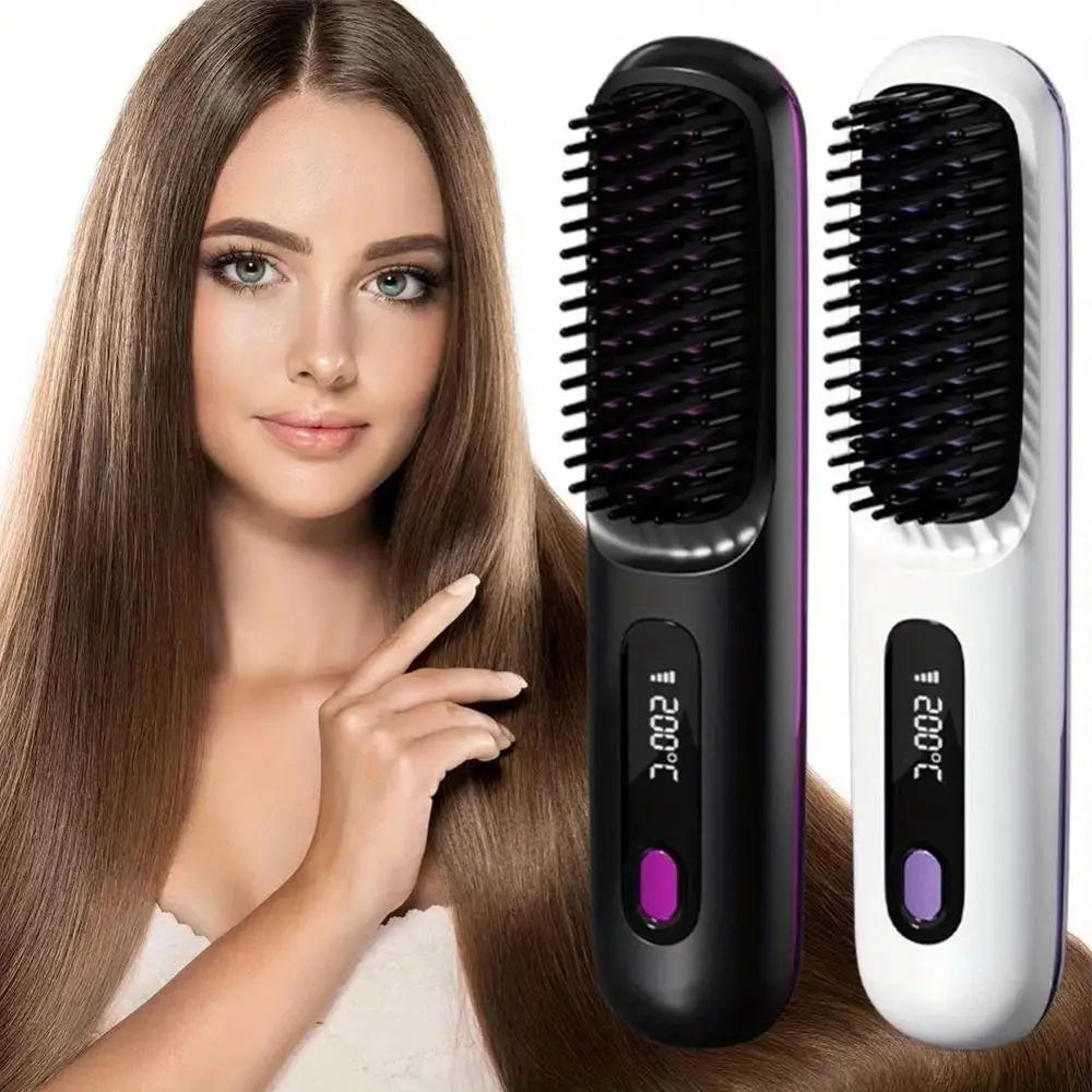 Revolutionary 2-in-1 Straightening Hair Comb - Portable, Wireless, and USB Rechargeable for Effortless Styling Anywhere!