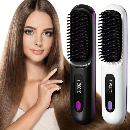 Revolutionary 2-in-1 Straightening Hair Comb - Portable, Wireless, and USB Rechargeable for Effortless Styling Anywhere!