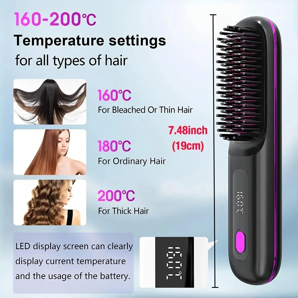 Revolutionary 2-in-1 Straightening Hair Comb - Portable, Wireless, and USB Rechargeable for Effortless Styling Anywhere!